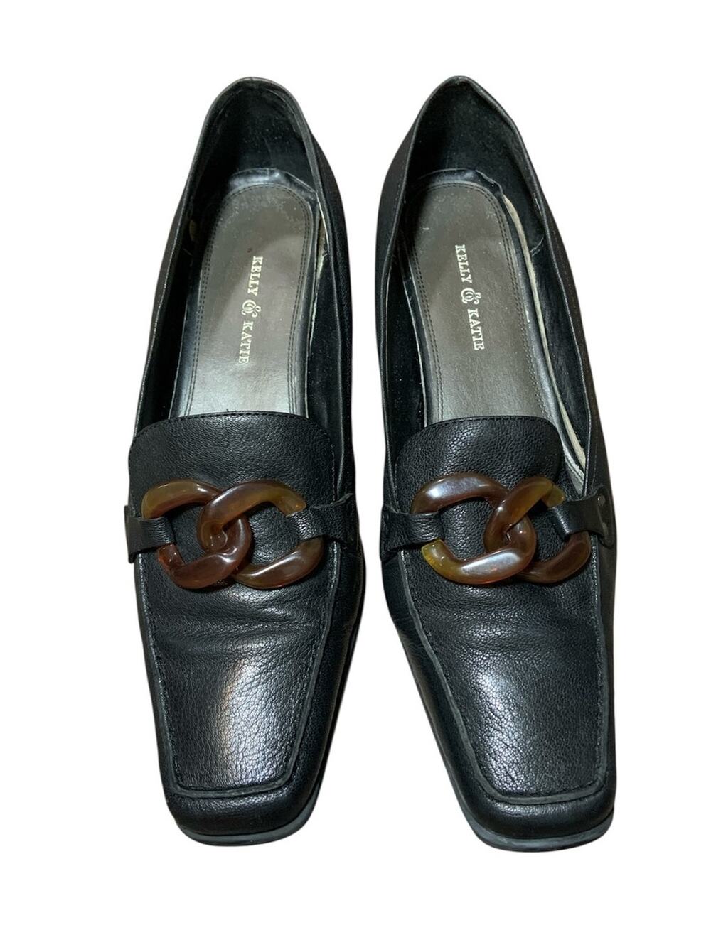 Women's Kelly & Katie Heel Loafers with Tortoise Shell Chain Detail Black Size 9